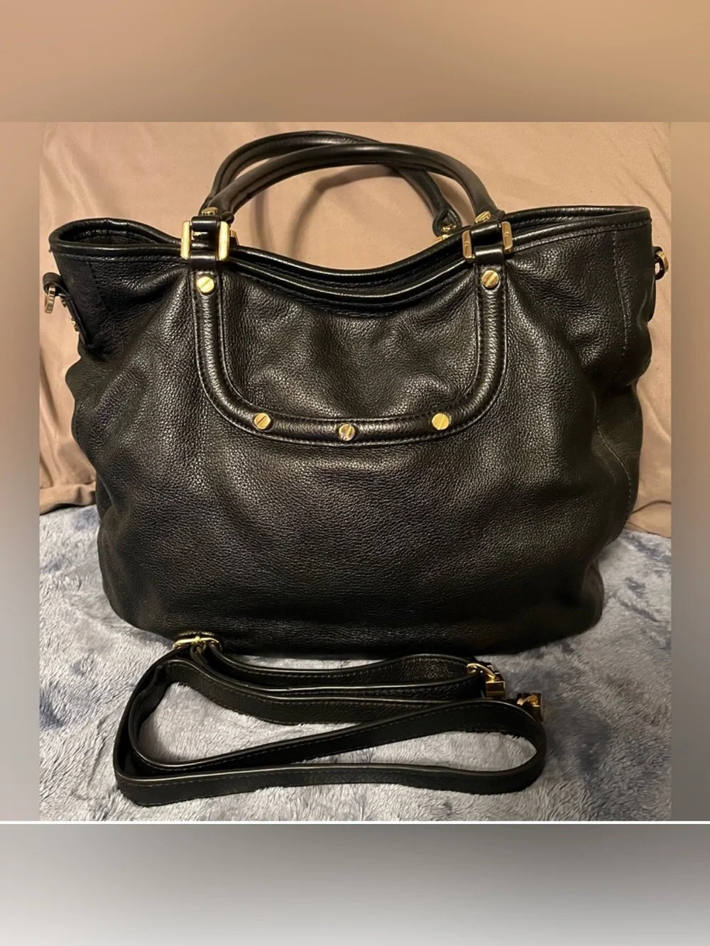 Tory Burch ~ AMANDA ~ Black Leather Tote with Gold Logo Medallion